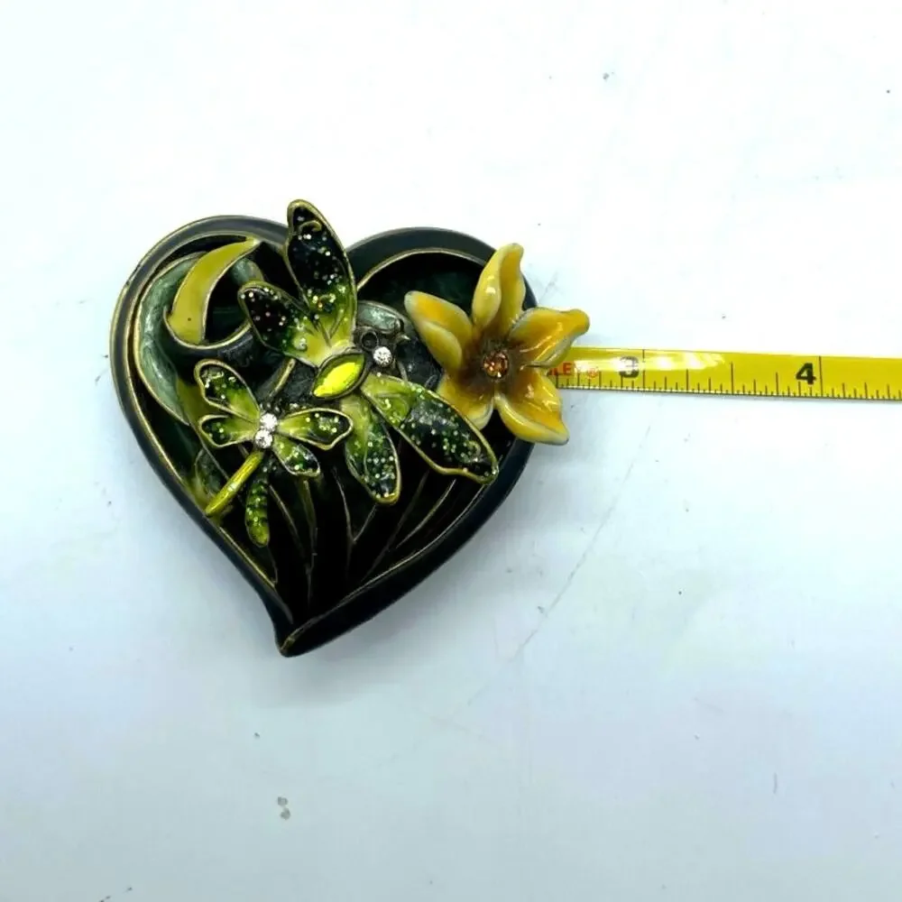 Green Heart‎ Shaped Trinket Box Dragonflies and Flower Enameled Rhinestones